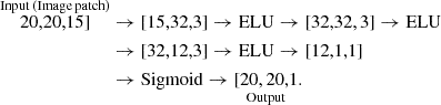 $$ \begin{aligned} \overset{\mathrm{Input\,(Image\,patch)}}{20,20,15]}&\rightarrow [15,32,3]\rightarrow \mathrm{ELU}\rightarrow [32,32, 3]\rightarrow \mathrm{ELU}\nonumber \\&\rightarrow [32,12,3]\rightarrow \mathrm{ELU}\rightarrow [12,1,1]\\&\rightarrow \mathrm{Sigmoid}\rightarrow \underset{\mathrm{Output}}{[20, 20,1}.\nonumber \end{aligned} $$
