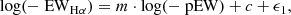 $$ \begin{aligned} \log (-\text{ EW}_{\mathrm{H\alpha }}) = m \cdot \log (-\text{ pEW}) + c + \epsilon _1, \end{aligned} $$
