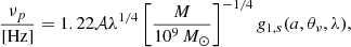 $$ \begin{aligned}&\frac{\nu _p}{\mathrm{[Hz]}} = 1.22\mathcal{A} \lambda ^{1/4} \left[\frac{M}{10^9\,M_\odot }\right]^{-1/4}g_{1,s} (a,\theta _\nu ,\lambda ), \end{aligned} $$