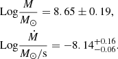 $$ \begin{aligned}&\mathrm{Log}\frac{M}{M_\odot } = 8.65\pm 0.19,\nonumber \\&\mathrm{Log}\frac{\dot{M}}{M_\odot /\mathrm s} = -8.14^{+0.16}_{-0.06}. \end{aligned} $$