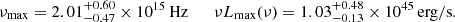 $$ \begin{aligned} \nu _{\rm max} = 2.01^{+0.60}_{-0.47}\times 10^{15}\,\mathrm{Hz} \qquad \nu L_{\rm max}(\nu ) = 1.03^{+0.48}_{-0.13}\times 10^{45}\,\mathrm{erg/s}. \end{aligned} $$