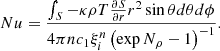 $$ \begin{aligned} Nu = \frac{\int _S - \kappa \rho T \frac{\partial S}{\partial r} r^2 \sin {\theta } d\theta d\phi }{4 \pi n c_1 \xi _i^n \left( \exp N_\rho -1 \right)^{-1} }. \end{aligned} $$
