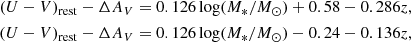 $$ \begin{aligned} (U-V)_{\mathrm{rest} }-\Delta A_V = 0.126 \log (M_*/M_\odot ) + 0.58 - 0.286z, \\ (U-V)_{\mathrm{rest} }-\Delta A_V = 0.126 \log (M_*/M_\odot ) - 0.24 - 0.136z, \end{aligned} $$