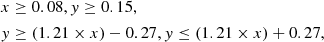 $$ \begin{aligned} x&\ge 0.08 , y \ge 0.15, \\ y&\ge (1.21 \times x) - 0.27 , y \le (1.21 \times x) + 0.27, \end{aligned} $$