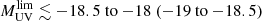 $ M_{\mathrm {UV}}^{\mathrm {lim}} \lesssim {-}18.5\ {\mathrm {to}}\ {-}18\ ({-}19\ {\mathrm {to}}\ {-}18.5) $
