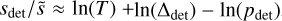 ${{s}_{\det }}/\overset{}{\mathop{s}}\,\approx \ln (T)+\ln \left( {{\text{ }\!\!\Delta\!\!\text{ }}_{\det }} \right)-\ln \left( {{p}_{\det }} \right)$