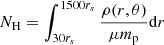 Mathematical equation: $ N_{\mathrm {H}}=\int _{30r_s}^{1500r_s} \frac {\rho (r,\theta )}{\mu m_{\mathrm {p}}}{\mathrm {d}}r $