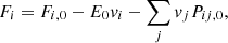 Mathematical equation: $$ F_{i}=F_{i,0}-E_{0}{{\mathit {v}}}_{i}- \sum _{j}{{\mathit {v}}}_{j}P_{ij,0}, $$