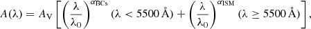 $$ \begin{aligned} A(\lambda ) = A_\mathrm{V} \left[ \left( \frac{\lambda }{\lambda _0} \right)^{\alpha _{\rm {BCs}}} (\lambda < 5500 \, {\AA }) + \left( \frac{\lambda }{\lambda _0} \right)^{\alpha _{\rm {ISM}}} (\lambda \ge 5500 \, {\AA }) \right], \end{aligned} $$