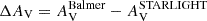 $ \Delta A_\mathrm{{V}} = A_\mathrm{{V}}^\mathrm{{Balmer}} - A_\mathrm{{V}}^{{\small { {\text{STARLIGHT}}}}} $