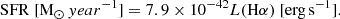 $$ \begin{aligned} \mathrm {SFR}\ [\mathrm M_{\odot }\,year^{-1}] = 7.9 \times 10^{-42} L(\mathrm H\alpha )\ [\mathrm {erg\,s}^{-1}]. \end{aligned} $$