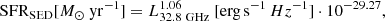 $$ \begin{aligned} \mathrm {SFR}_{\mathrm {SED}} [M_{\odot }\ \mathrm{yr} ^{-1}] = L_{32.8\ \mathrm{GHz} }^{1.06}\ [\mathrm {erg\,s}^{-1}\,Hz^{-1} ] \cdot 10^{-29.27}, \end{aligned} $$