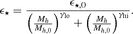 $$ \epsilon _\star = \frac {\epsilon _{\star ,0}}{\left (\frac {M_h}{M_{h,0}}\right )^{\gamma _{\mathrm {lo}}} + \left (\frac {M_h}{M_{h,0}}\right )^{\gamma _{\mathrm {hi}}}}. $$