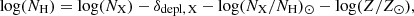 $$ \mathrm {log}(N_{\mathrm {H}}) = \mathrm {log}(N_{\mathrm {X}}) - \delta _{\mathrm {depl,\,X}} - \mathrm {log}(N_{\mathrm {X}}/N_{\mathrm {H}})_\odot - \mathrm {log}(Z/Z_\odot ), $$