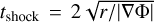 \[\frame{t_\frame{\frame{\text{shock~}}}} = 2\sqrt \frame{r/\left|\nolbrace \frame{\nabla \frame{\text{\Phi }}} \norbrace\right|} \]