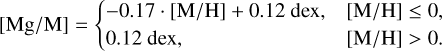 $\[[\mathrm{Mg} / \mathrm{M}]= \begin{cases}-0.17 \cdot[\mathrm{M} / \mathrm{H}]+0.12 \operatorname{dex}, & {[\mathrm{M} / \mathrm{H}] \leq 0}, \\ 0.12 \operatorname{dex}, & {[\mathrm{M} / \mathrm{H}]>0}.\end{cases}\]$
