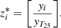 $$ \begin{aligned} z_i^* = \Biggl [ \frac{ y_i }{ y_{T_{25}} } \Biggr ]. \end{aligned} $$