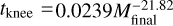 $t_\mathrm{knee} = 0.0239 M_\mathrm{final}^{-21.82}$