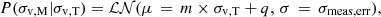 $$ P(\sigma _{\mathrm {v,M}}|\sigma _{\mathrm {v,T}}) = {\cal {{LN}}}(\mu \, =\, m\times \sigma _{\mathrm {v,T}}+q,\, \sigma \, =\, \sigma _{\mathrm {meas,err}}), $$