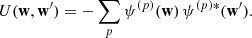 $$ \begin{aligned} U (\mathbf{w },\mathbf{w }^{\prime }) = - \sum _{p} \psi ^{(p)}(\mathbf{w }) \, \psi ^{(p)*}(\mathbf{w }^{\prime }). \end{aligned} $$