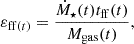 $$ \varepsilon _{\mathrm {ff}(t)}=\frac {\dot M_{\star }(t) t_{\mathrm {ff}}(t)}{M_{\mathrm {gas}}(t)}, $$