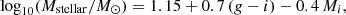 $$ \log _{10} (M_\mathrm {stellar}/M_{\odot }) = 1.15 + 0.7 \, (g - i) - 0.4 \, M_{i}, $$