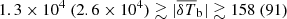 $ 1.3\times 10^4 ~(2.6\times 10^4) \gtrsim |{\overline{\delta T}_{\mathrm{b}}}| \gtrsim 158 ~(91) $