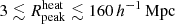 $ 3 \lesssim {R^{\mathrm{heat}}_{\mathrm{peak}}}\lesssim 160\,{h^{-1}\,\mathrm{Mpc}} $