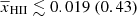 $ {\overline{x}_{\mathrm{HII}}} \lesssim 0.019 ~(0.43) $