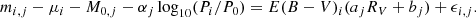 $$ \begin{aligned} m_{i,j} - \mu _i - M_{0,j} - \alpha _j \log _{10}(P_i/P_0) = E(B-V)_i(a_jR_V+b_j) + \epsilon _{i,j}. \end{aligned} $$