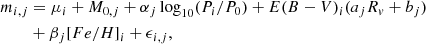 $$ \begin{aligned} m_{i,j}&=\mu _i + M_{0,j} + \alpha _j \log _{10}(P_i/P_0) + E(B-V)_i(a_jR_v+b_j) \nonumber \\&+ \beta _j[Fe/H]_i +\epsilon _{i,j}, \end{aligned} $$
