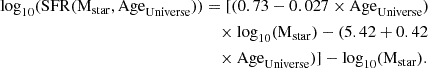 Mathematical equation: $$ \begin{aligned}\log _{10} ({\mathrm {SFR}} ({\mathrm {M}}_{\mathrm {star}}, {\mathrm {Age}}_{\mathrm {Universe}})) & = [(0.73 - 0.027 \times {\mathrm {Age}}_{\mathrm {Universe}})\\ & \quad \times \log _{10} ({\mathrm {M}}_{\mathrm {star}}) - (5.42 + 0.42 \\ & \quad \times {\mathrm {Age}}_{\mathrm {Universe}})] - \log _{10} ({\mathrm {M}}_{\mathrm {star}}). \end{aligned} $$