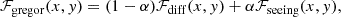 $$ \begin{aligned} \mathcal{F} _{\rm gregor}(x,y) = (1-\alpha ) \mathcal{F} _{\rm diff}(x,y) + \alpha \mathcal{F} _{\rm seeing}(x,y), \end{aligned} $$