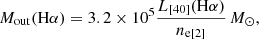 $$ {M_{\mathrm {out}}}({\mathrm {H}}\alpha ) = 3.2\times 10^5 \frac {L_{[40]}({\mathrm {H}}\alpha )}{n_{\mathrm {e [2]}}} {\,{{M}_{\odot }}}, $$