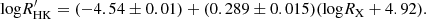 $$ \begin{aligned}{\mathrm {log}} R^\prime_{\mathrm {HK}}= (-4.54\pm 0.01) + (0.289 \pm 0.015) ({\mathrm {log}} R_{\mathrm {X}}+4.92). \end{aligned} $$