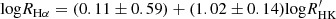 $$ \begin{aligned}{\mathrm {log}} R_{\mathrm {H\alpha }}= (0.11\pm 0.59) + (1.02 \pm 0.14) {\mathrm {log}} R^\prime_{\mathrm {HK}} \end{aligned} $$