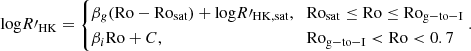 $$ {\mathrm {log}} R^\prime_{\mathrm {HK}} = \begin {cases}\beta _g({\mathrm {Ro}}-{\mathrm {Ro_{sat}}})+{\mathrm {log}} R^\prime_{\mathrm {HK,sat}}, & {\mathrm {Ro_{\mathrm {sat}}}} \le {\mathrm {Ro}} \le {\mathrm {Ro_{g-to-I}}} \\ \beta _i{\mathrm {Ro}}+C, &{\mathrm {Ro_{g-to-I}< Ro< 0.7}} \end {cases}. $$
