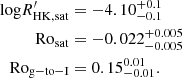 $$ \begin{aligned}{\mathrm {log}} R^\prime_{\mathrm {HK,sat}}&= -4.10^{+0.1}_{-0.1}\\ {\mathrm {Ro}}_{\mathrm {sat}}&= -0.022^{+0.005}_{-0.005}\\ {\mathrm {Ro_{g-to-I}}}& = 0.15^{0.01}_{-0.01}. \\ \end{aligned} $$