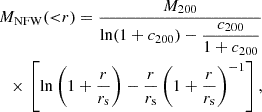 $$ \begin{aligned} M_{\rm NFW}({ < }r) = \dfrac{M_{200}}{\ln (1+c_{200}) - \dfrac{c_{200}}{1+c_{200}}} \nonumber \\ \times \, \left[\ln \left( 1 + \dfrac{r}{r_{\rm s}}\right) - \dfrac{r}{r_{\rm s}} \left( 1 + \dfrac{r}{r_{\rm s}}\right)^{-1} \right], \end{aligned} $$