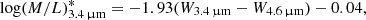 $$ \log (M/L)^{*}_{3.4\,\upmu {\mathrm {m}}} = -1.93 (W_{3.4\,\upmu {\mathrm {m}}} - W_{4.6\,\upmu {\mathrm {m}}}) - 0.04, $$