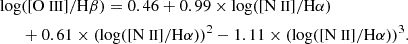 $$ \begin{aligned}\log &(\mathrm {{[O\ {{\small{\text{III}}}}]/H\beta }}) = 0.46 + 0.99 \times \log (\mathrm {{[N\ {{\small{\text{II}}}}]/H\alpha }}) \\ &+ 0.61 \times (\log (\mathrm {{[N\ {{\small{\text{II}}}}]/H\alpha }}))^2 - 1.11 \times (\log (\mathrm {{[N\ {{\small{\text{II}}}}]/H\alpha }}))^3. \end{aligned} $$