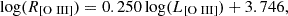 $$ \log (R_{{\mathrm {[O\ {{\small{\text{III}}}}]}}}) = 0.250 \log (L_{{\mathrm {[O\ {{\small{\text{III}}}}]}}}) + 3.746, $$