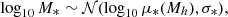$$ \log _{10}M_*\sim {\cal {{N}}}(\log _{10}\mu _*(M_h), \sigma _*), $$