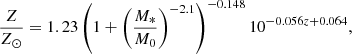 $$ \frac {Z}{Z_\odot } = 1.23 \left (1 + \left (\frac {M_*}{M_0} \right )^{-2.1} \right )^{-0.148} 10^{-0.056z + 0.064}, $$