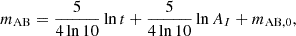 $$ m_{\mathrm {AB}}=\frac {5}{4\ln 10}\ln t + \frac {5}{4\ln 10}\ln A_I + m_{\mathrm {AB},0}, $$