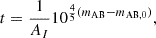 $$ t = \frac {1}{A_I}10^{\frac {4}{5}(m_{\mathrm {AB}}-m_{\mathrm {AB},0})}, $$
