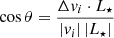 $ \cos \theta = \frac {\Delta v_i \cdot L_{\star }}{\left | v_i\right |\left | L_{\star }\right |} $
