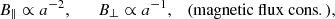 $$ B_\parallel \propto a^{-2}, \quad \quad B_\perp \propto a^{-1}, \quad {{\mathrm {(magnetic\ flux\ cons.)}}}, $$