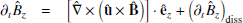 $$ \begin{aligned}\partial _t{{\hat {B}}_z} & = & \left [{\hat {\nabla }}\times {\left ({{{\mathbf {{\hat {u}}}}}}\times {{{\mathbf {{\hat {B}}}}}}\right )}\right ]\cdot {{\mathbf {{\hat {e}}}}}_z + \left (\partial _t{{\hat {B}}_z}\right )_\mathrm {diss} \end{aligned} $$