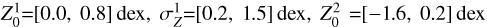 $\[Z_{0}^{1}{=}[0.0,~0.8] ~\mathrm{dex}, \sigma_{Z}^{1}{=}[0.2,~1.5] ~\mathrm{dex}, Z_{0}^{2}{=}[-1.6,~0.2] ~\mathrm{dex}\]$